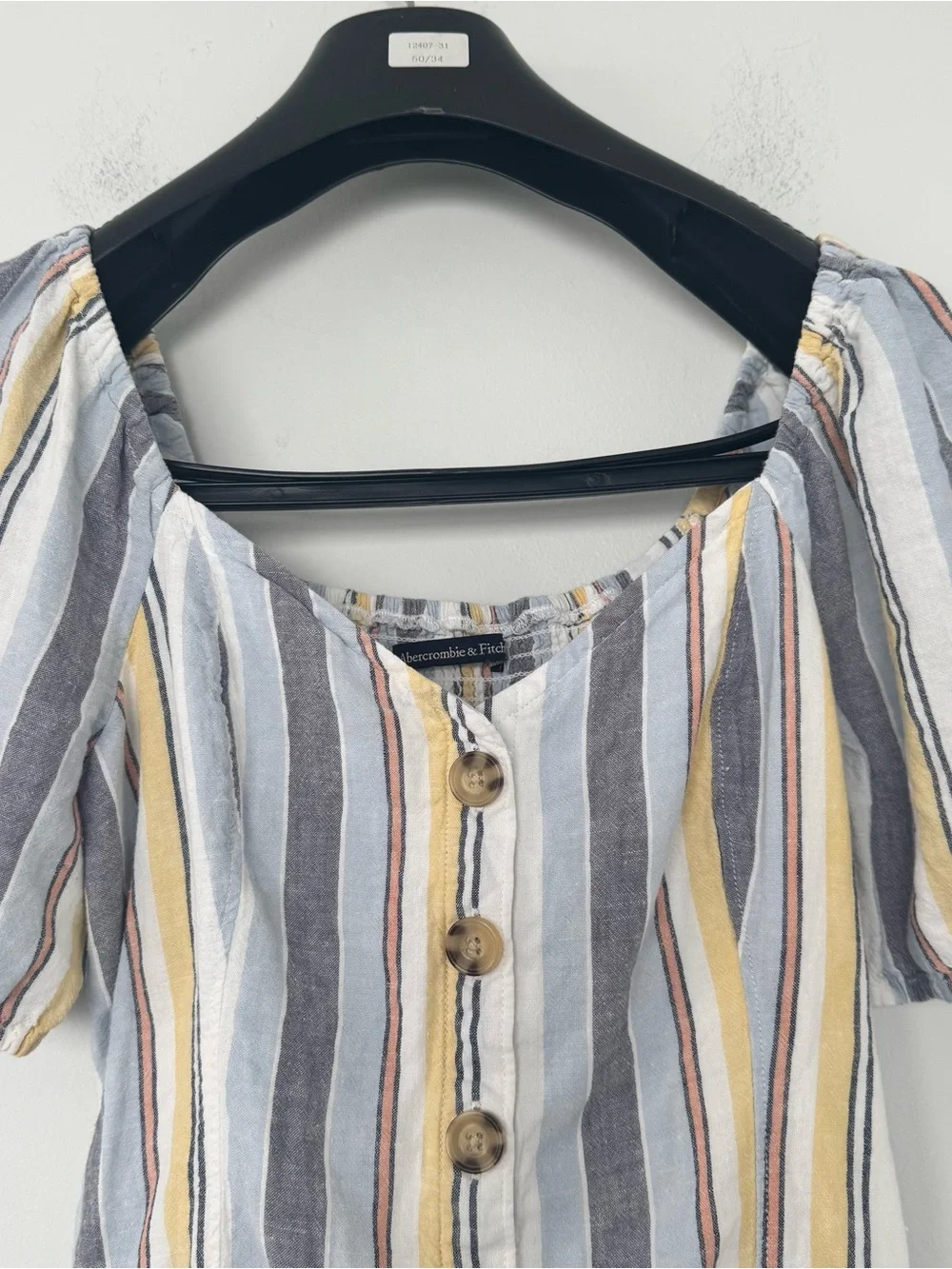 Abercrombie & Fitch Linen Crop Top Pastel Stripe Puff Sleeve Smocked Blouse S